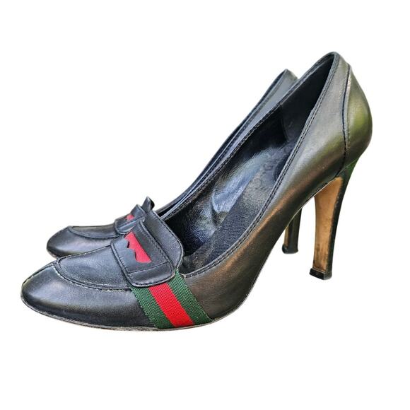 Gucci 7 Black Leather Lifford Loafer Pumps Stripe Heel Minimalist Y2K Penny Box - Picture 1 of 8